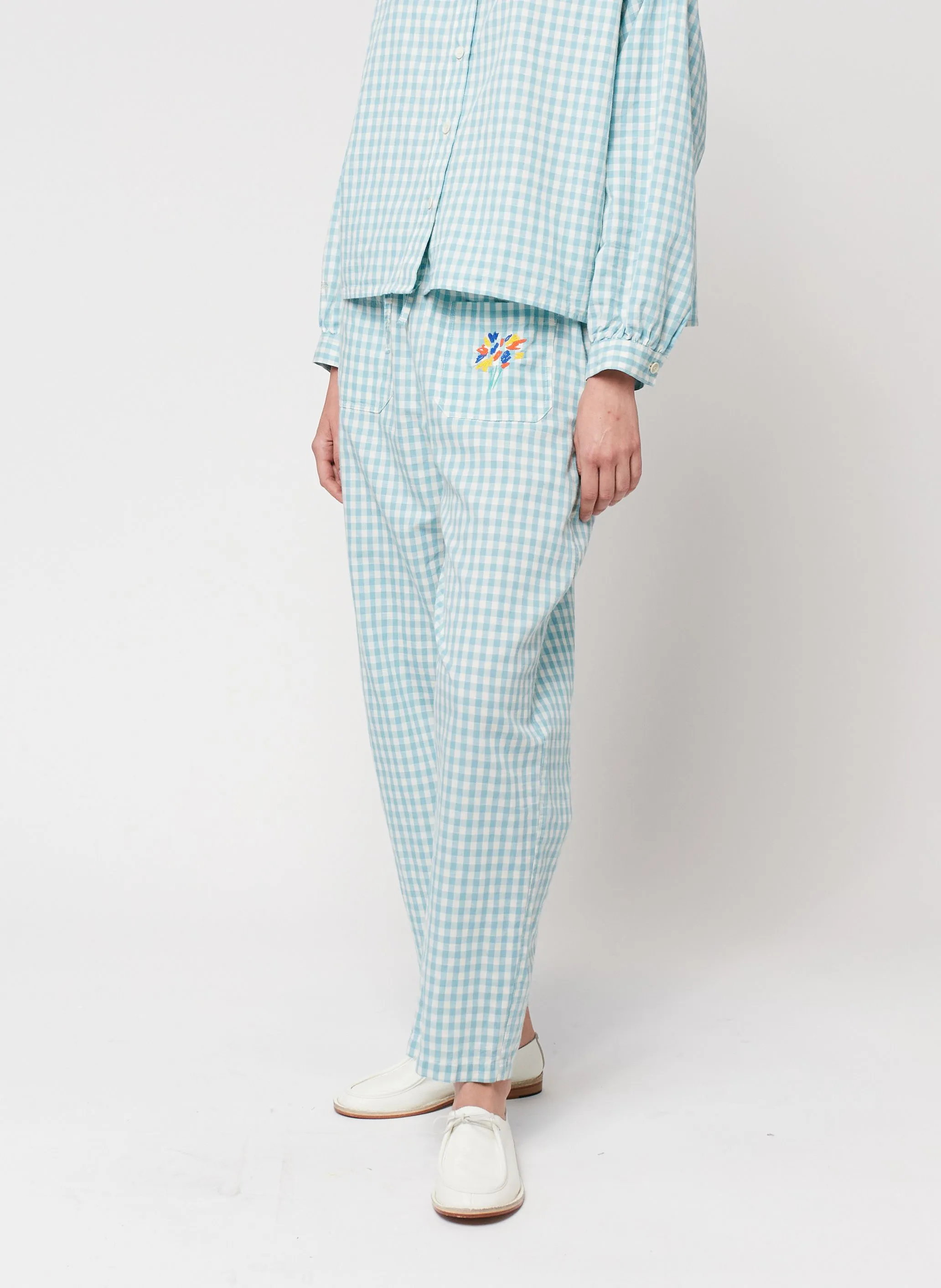 BOBO CHOSES Pantalón recto de mezcla de algodón y lino recto de cuadros en azul