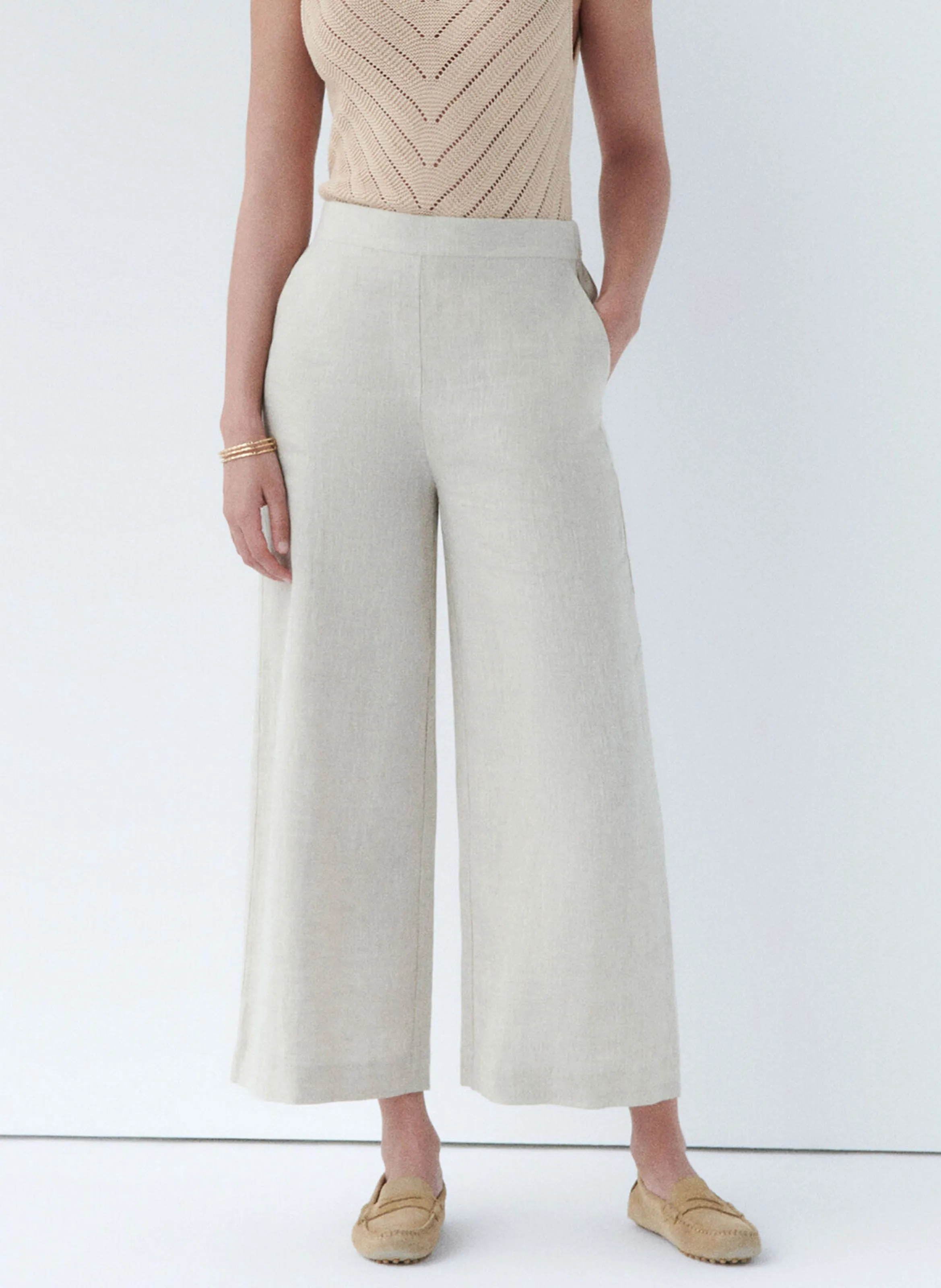 CAROLL PANDI - Pantalón ancho de lino de talle alto en beige