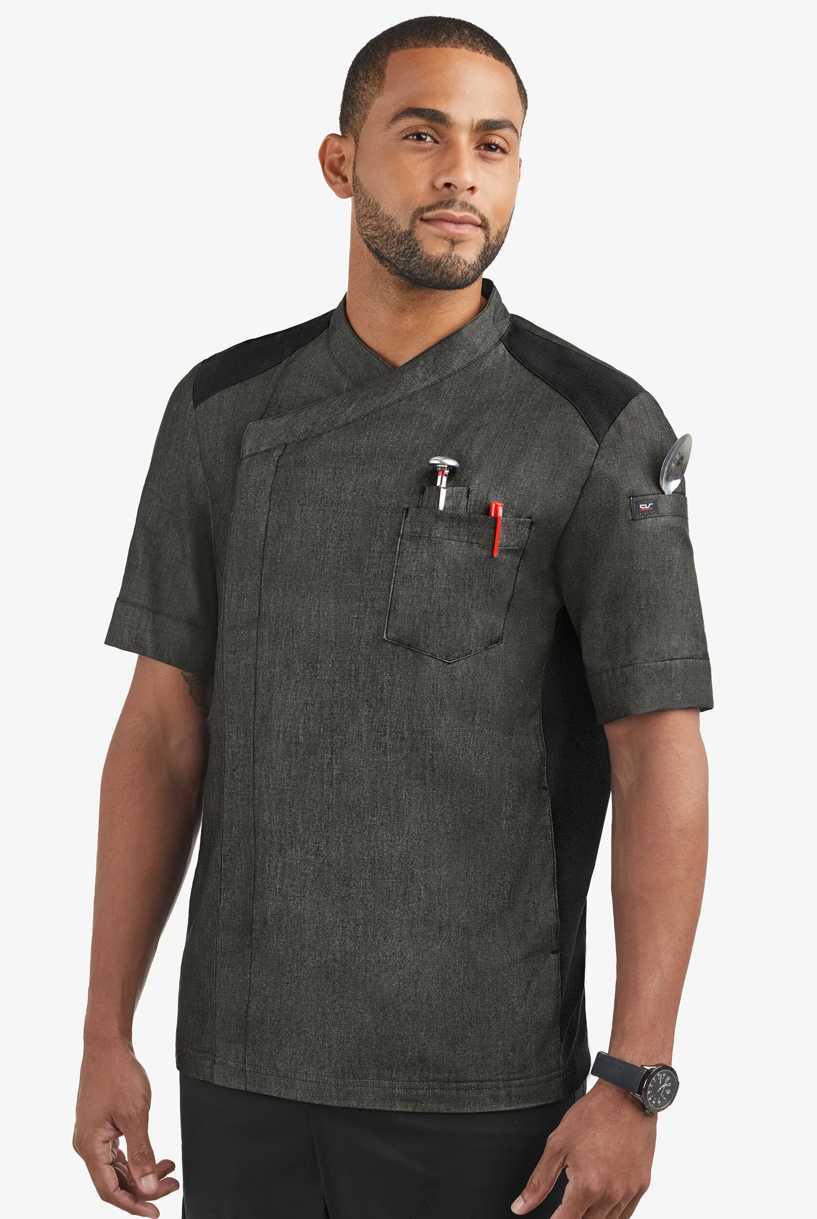 Chaqueta manga corta de gastronomía Industry Line de tela batista con 5 bolsillos y paneles de malla para hombre