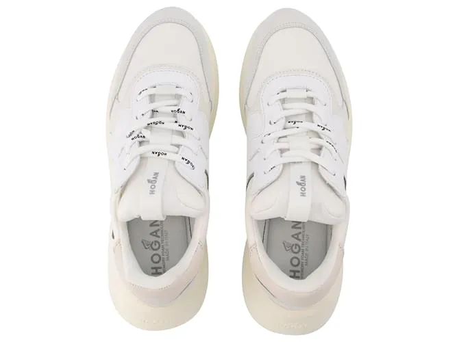 Hogan H585 Zapatillas Allacciato H Onda en Blanco, Cuero Beige y Gris 