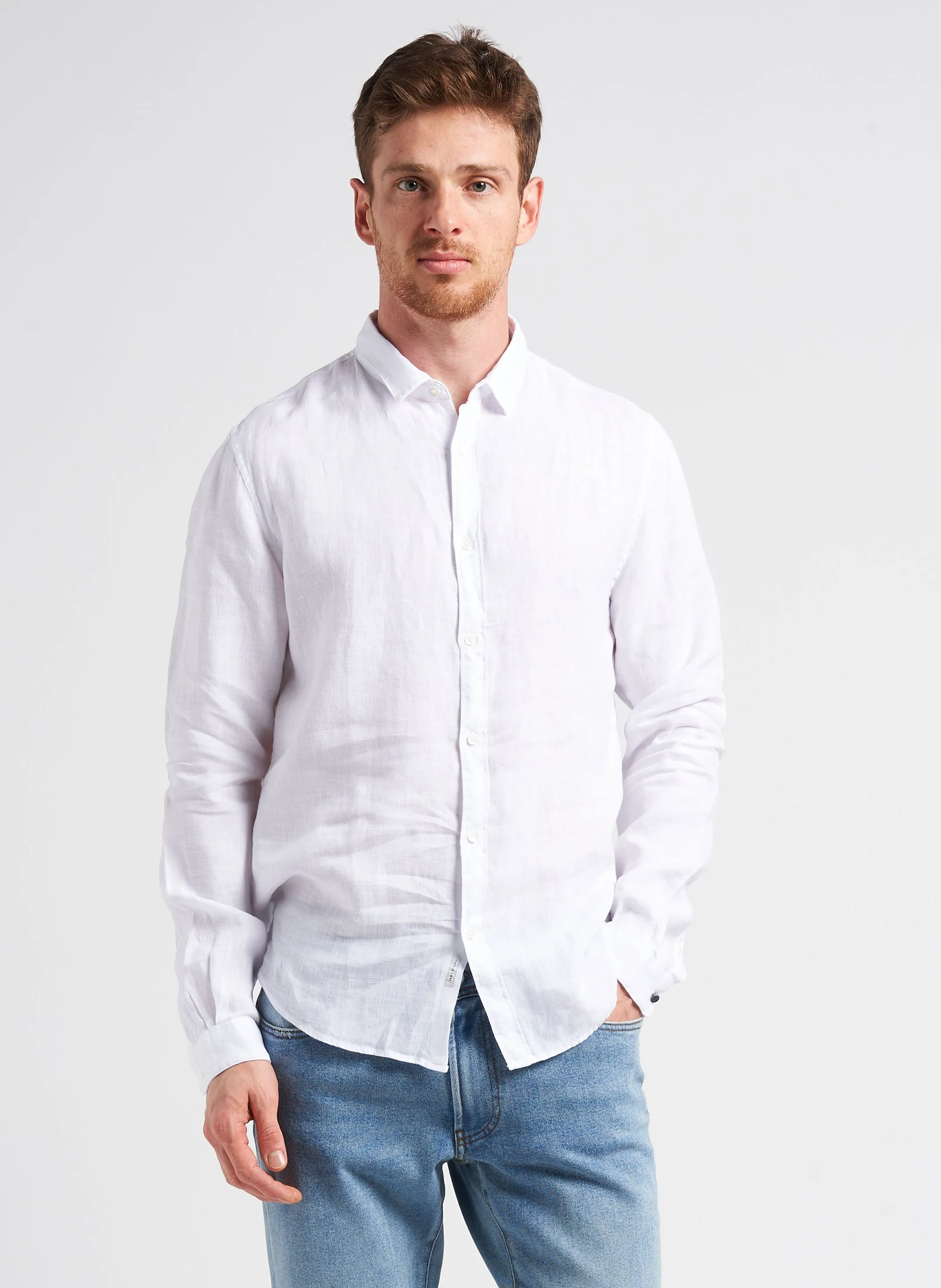 IKKS Camisa de lino slim fit con cuello clásico en blanco