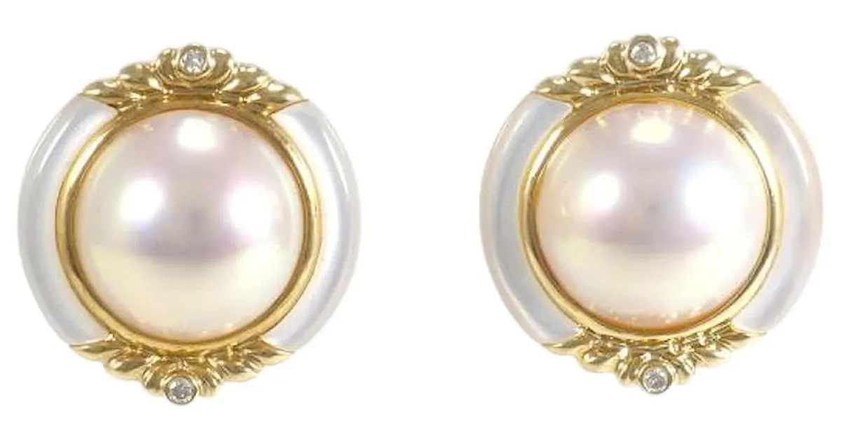 Otras joyas & Other Stories Pendientes de perlas de oro amarillo K18 con diamante de 0.03 ct en excelente estado Dorado 