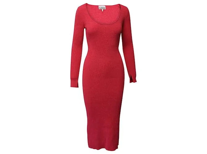 VESTIDO A MEDIDA DE MANGA LARGA DE PUNTO ACANALADO DE GANNI EN LANA ROJA 