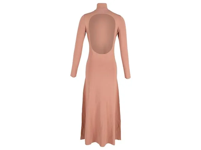 Victoria Beckham Vestido largo de punto elástico con cuello alto y abertura en lana marrón Castaño 